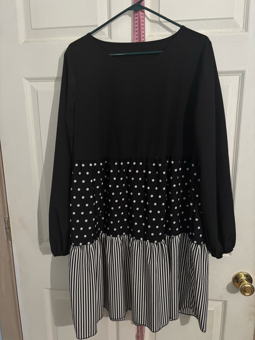Black Tiered Polka Dot & Stripe Long Sleeve Dress